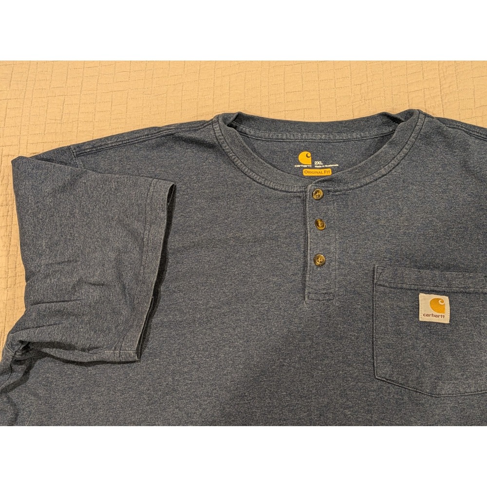 Carhartt Mens 2XL Blue Short Sleeve Henley Shirt Pocket Original Fit